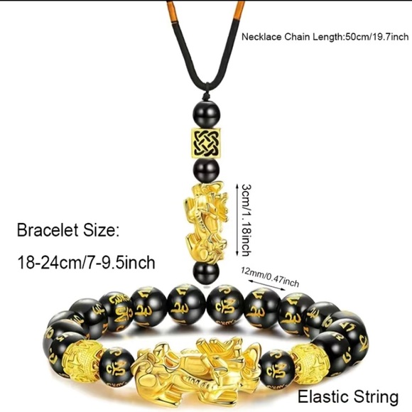 Black Obsidian pixiu Feng SHui bracelet and necklace set - Picture 4 of 6
